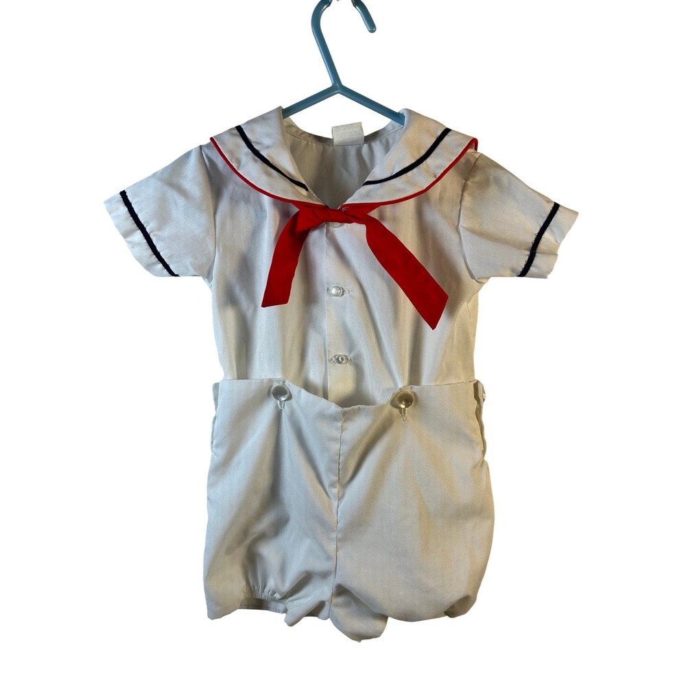 Bryan Sailor Romper‎ 18M White Nautical Red Bow Vintage Made in USA Toddler Boy